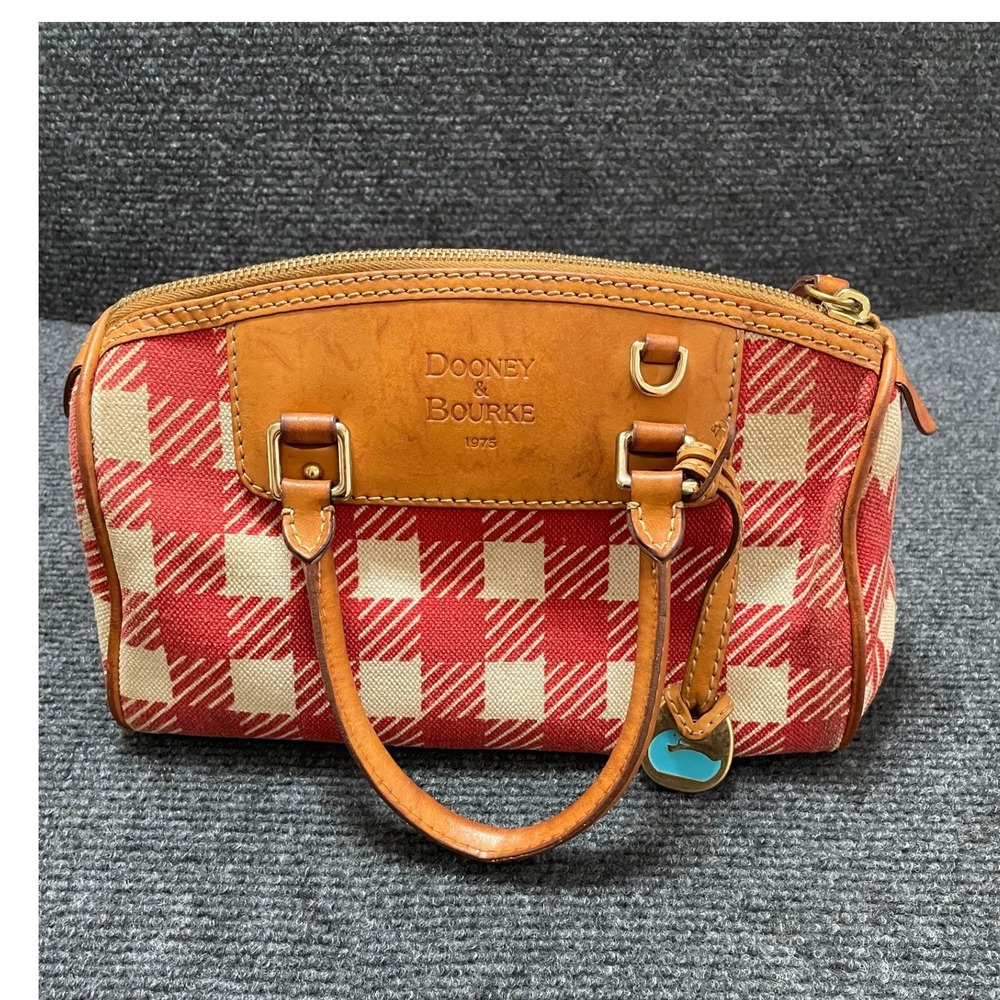 Dooney & Bourke Red Gingham Canvas Leather Satchel Barrel Bag Duck  J6785988